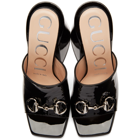 Gucci Lexi 105 Black Patent Horsebit Backless Sandal Mule Block Heel Pump 35 - Picture 6 of 12